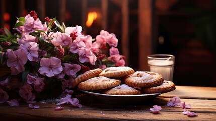 Warm illuminated display of homemade pastries with a romantic flower accent
