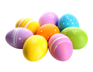 A collection of bright, colorful painted Easter eggs isolated on white.