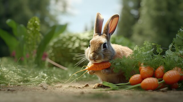 Captivating brown rabbit delicately holding a small vibrant orange carrot outdoors