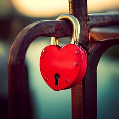 A heart-shaped red padlock, securely fastened to a metal bar