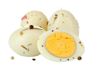 A cluster of white pickled eggs, a preserved food, isolated on a white background.