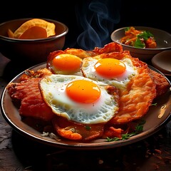 A hearty breakfast with fried eggs and meat, on a rustic plate