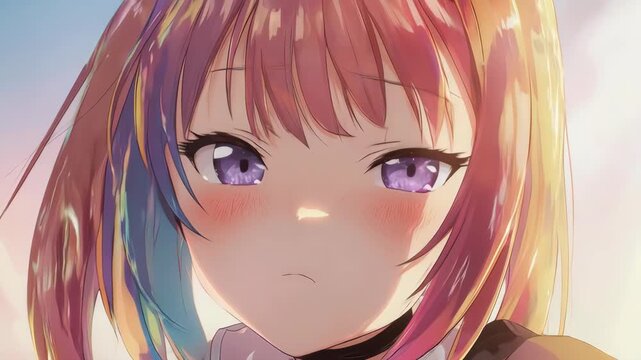 A cute close-up of a grumpy anime girl pouting with puffed cheeks. This expression is perfect for conveying annoyance or stubbornness in a lighthearted way.
