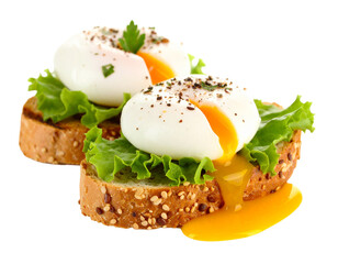 A perfectly poached egg on a piece of toast or base, isolated on white.