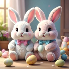 Obraz premium Two adorable fluffy bunnies, one pink, one white, with decorated Easter eggs, indoors