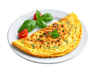 Folded omelet with cheese or filling visible, isolated on a white surface.
