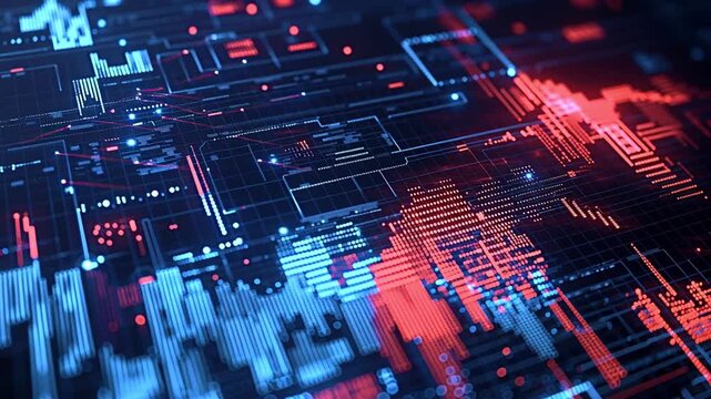 Animated digital interface featuring a glowing world map with financial stock market graphs, charts, and data analysis, representing global business, economics, and modern technology concepts - Powered by Adobe