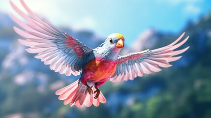 Vibrant plumage bird gracefully soars over serene mountain vista