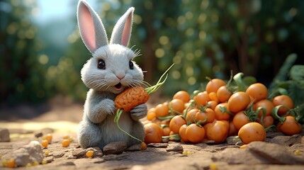 Enchanting bunny delighting in a carrot harvest on a charming farm location