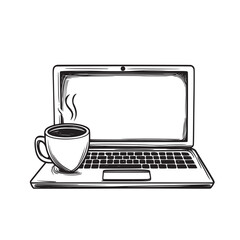 black and white sketch cartoon illustration of laptop closed with a cup of coffee