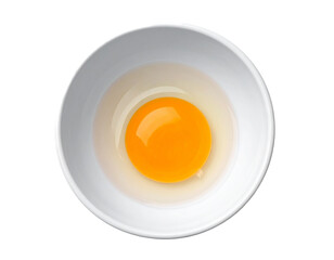 A single raw egg cracked into a white mixing bowl, isolated on white.