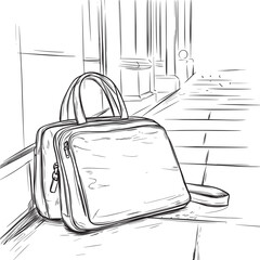 cartoon outline doodle illustration of laptop bag on a city sidewalk