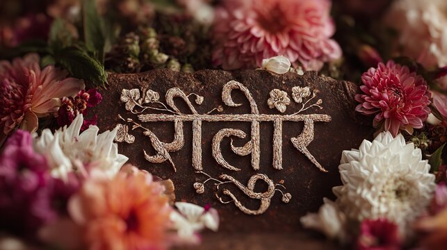 Beautiful floral design with the marathi word saubhagya for wedding invitation card design element