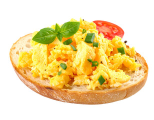 A portion of light and fluffy scrambled eggs isolated on a white background.
