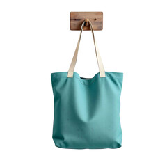 Stylish turquoise tote bag with beige straps hanging on wooden wall hanger, perfect for eco-friendly shopping and everyday use - sustainable style.