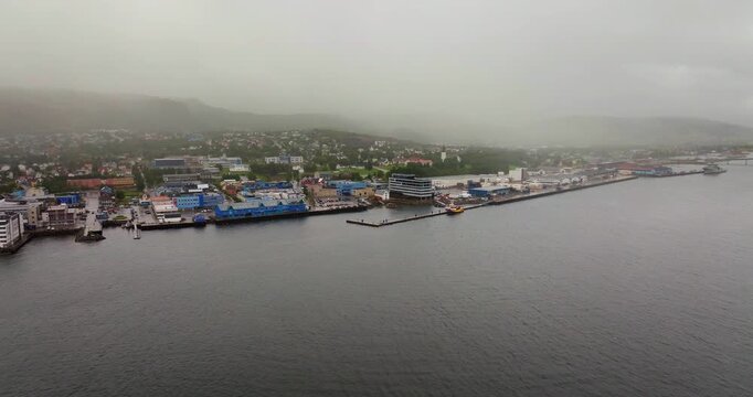 Aerial view of Sortland Port commercial centre of Vesteraalen in Langoya, Norway