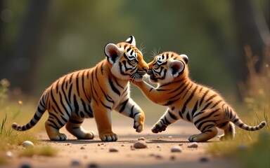 Fototapeta premium Photorealistic image of a tiger cub playing with its siblings cinematic grading high detail 8k resolution proportionate anatomy. High quality
