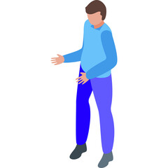 Isometric illustration of a man in a light blue sweater and dark blue pants standing with open hands against a transparent white background