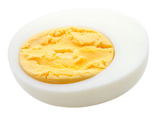 Slices of hard-boiled egg arranged, showing the white and yolk, isolated on white.