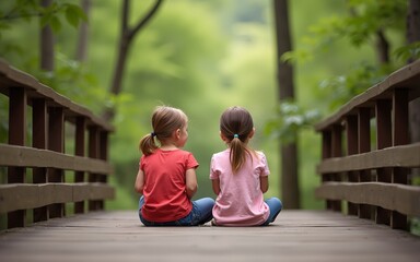 Fototapeta premium Siblings sitting on a wooden bridge in a forest, portrait. High quality