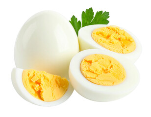 Several round slices of hard-boiled egg, isolated on a white background.