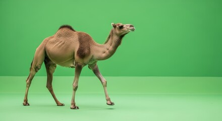 Camel Walking Across A Green Screen Studio With Soft Natural Lighting
