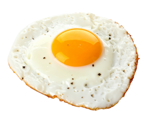 A single sunny side up egg with a runny yolk, isolated on white.
