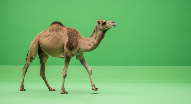 Camel Walking Across A Green Screen Studio With Soft Natural Lighting