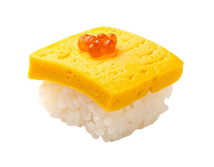 Tamago sushi, a slice of sweet egg omelet on rice, isolated on white.