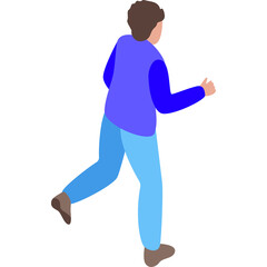 Isometric illustration of a person running wearing a blue jacket and light blue pants on a white background suitable for design elements and animations