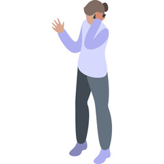Isometric illustration of a person in light purple shirt grey pants talking on the phone with hand gesture on transparent background