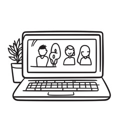 line art illustration on a white background of laptop showing a virtual meeting in progress