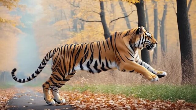 Tiger leaping forward through an autumn forest with leaves on the ground and trees in the background tiger video