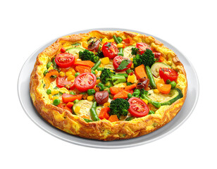 A whole round vegetable omelet with herbs, isolated on a white surface.