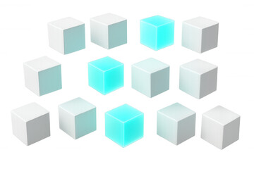 Modern 3d rendering of floating geometric cubes, with some glowing blue, against a transparent background
