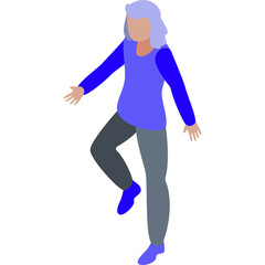 Isometric illustration of a person with light purple hair wearing a blue long sleeve shirt and grey pants with blue shoes in a dynamic pose on a white background