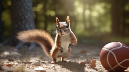 Adorable squirrel with bushy tail standing near a sports ball in a forest