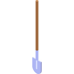 Isometric illustration of a shovel with a light blue metal head and a brown wooden handle on a white background