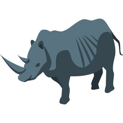 Isometric illustration of a rhinoceros with a gray body and dark gray accents standing on a white background no shadow no background elements