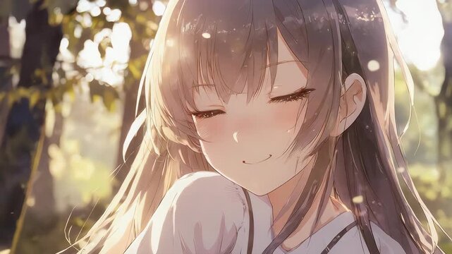 A serene close-up of an anime girl with a peaceful and content smile. This image evokes feelings of tranquility, happiness, and mindfulness.