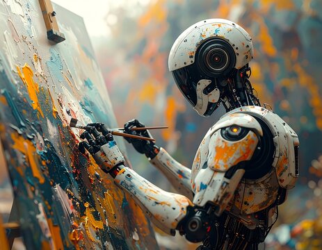 A futuristic robot artist creating a vibrant, textured painting outdoors with an easel and a colourful background