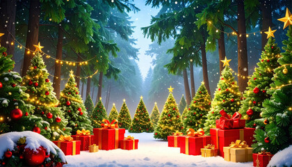 Illuminated christmas trees with red and golden garlands into a forest with snowy flakes with shape of stars close to xmas gifts in red boxes