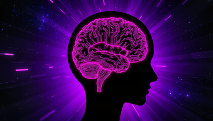 Neon brain illustration inside a human silhouette with a cosmic purple background