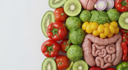 Fruits and vegetables are artistically arranged to resemble human intestines