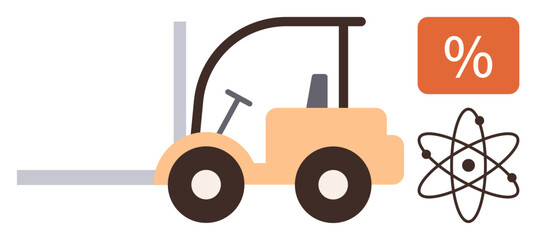 Forklift beside an atomic structure and percentage icon symbolizing engineering, logistics, efficiency, technology, industry, science, and innovation. Ideal for modern industrial themes, simple flat
