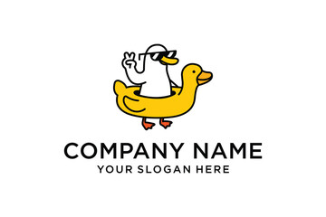 Logo Vector Cool Cartoon Duck in Sunglasses Giving Peace Sign, Floating on Yellow Rubber Duck Float