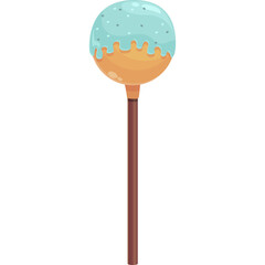 A light blue frosted cake pop with sprinkles on a brown stick isolated on a white background