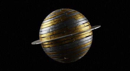 Abstract Metallic Planet with Ring in Starry Space, 3D Rendered.