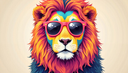 Stylized lion with colorful mane and sunglasses against a light background