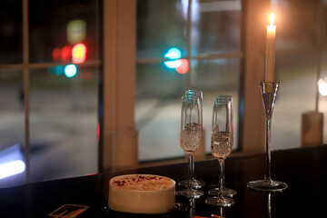 table setting in the restaurant, glasses and cutlery, a clean new table in the restaurant is waiting for guests, a free table